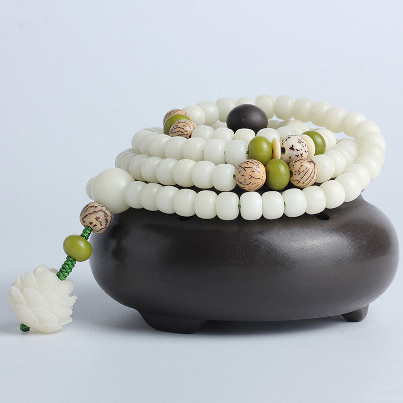 Buddha Stones Witte jade Bodhi Lotus Mala Harmonie Ketting en Armband - image 17