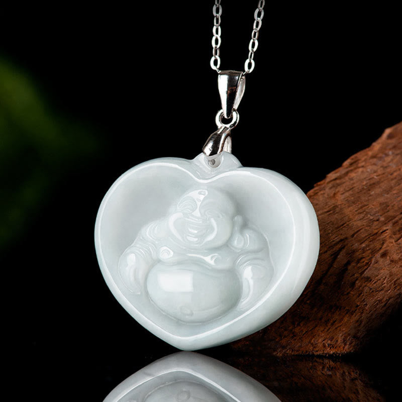 Buddha Stones Lachende Boeddha hanger van witte jade met gelukssymbool en titanium stalen Ketting . - image 1