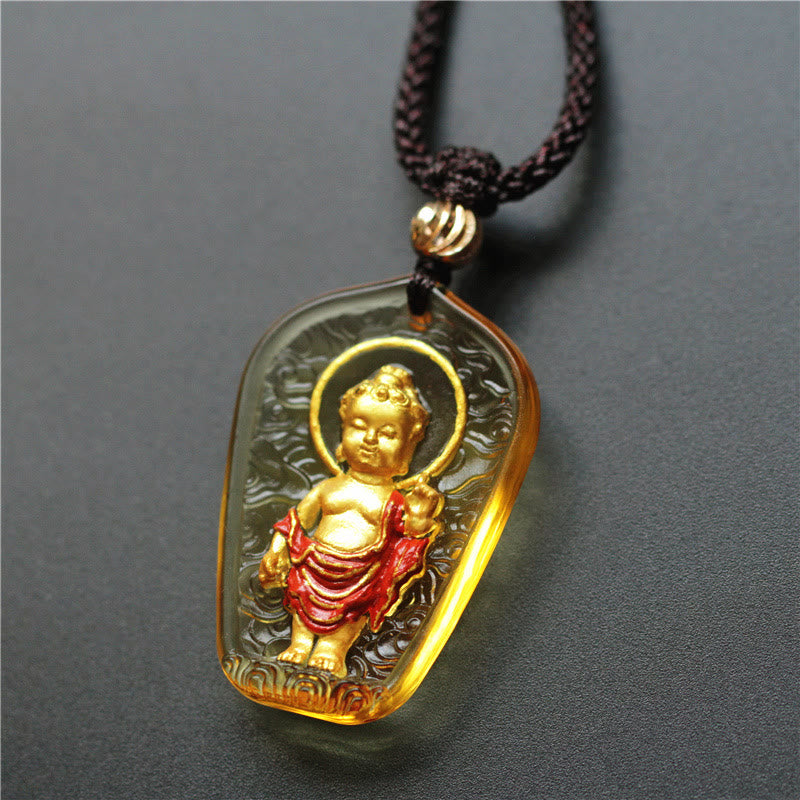 Buddha Stones Tibetaanse Boeddha Liuli Kristal Sereniteit Ketting - Gele Kasaya Boeddha - image 0