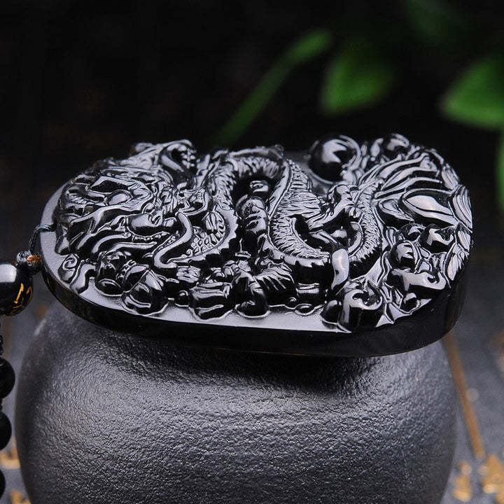 Buddha Stones Ketting met draak en symbool van vervulling van zwarte obsidiaansteen - image 3
