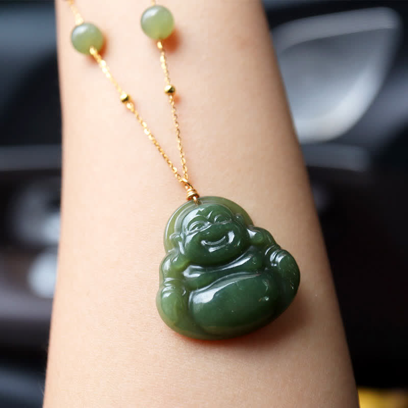 Buddha Stones Lachende Boeddha Hetian Jade Ketting met kralenhanger - Jade (Welvaart ♥ Overvloed) - image 0