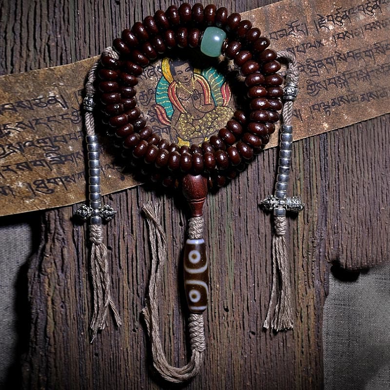 Buddha Stones Natuurlijke Tibetaanse Mala met 108 kralen, paarse bodhizaadkralen, drieoogige dzi-kralen en koperen dorje- Armband. - image 1