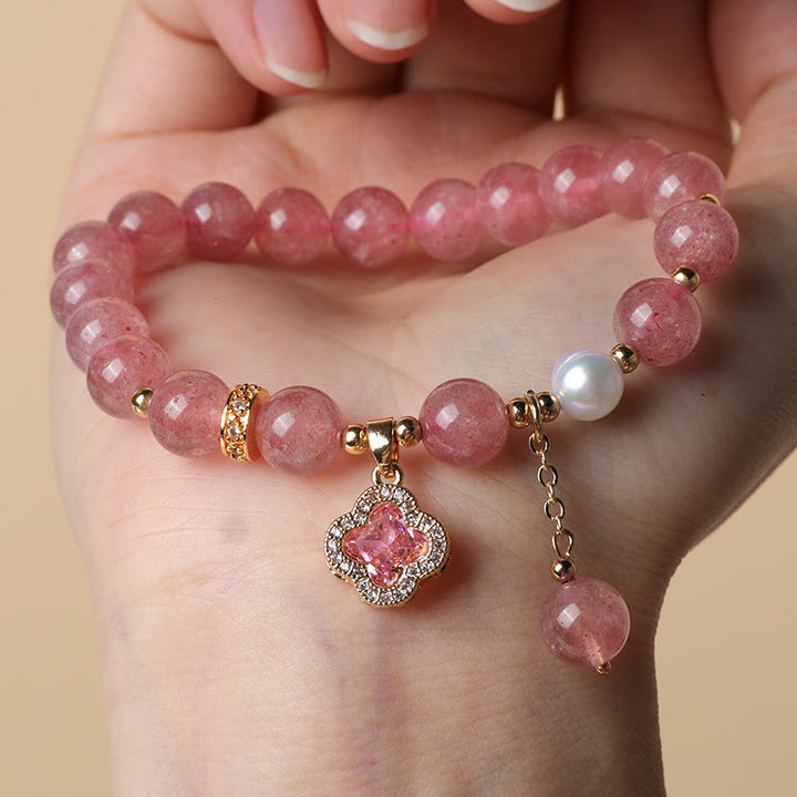 Buddha Stones Aardbeikwarts parel klavertje vier bedeltje helende Armband - image 4