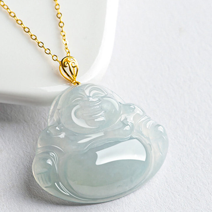 Buddha Stones Lachende Boeddha hanger van natuurlijke jade en titanium stalen Ketting - image 4