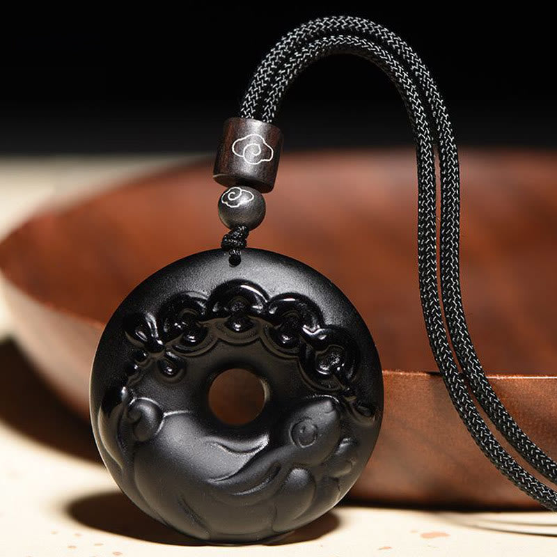 Buddha Stones Chinese dierenriem natuurlijke zwarte obsidiaan vredesgesp kracht Ketting hanger - Konijn - image 0