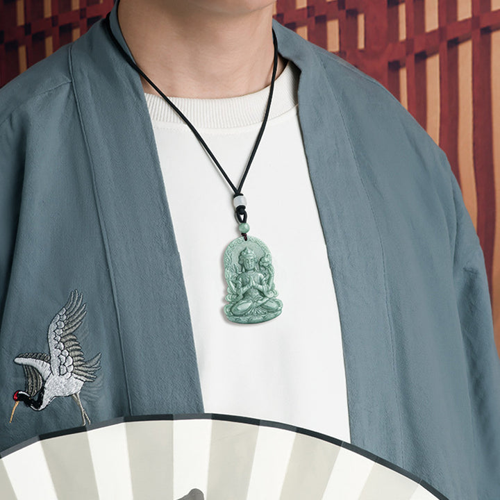 Buddha Stones Vierarmig Avalokitesvara amulet van natuurlijke jade met Ketting. - image 1