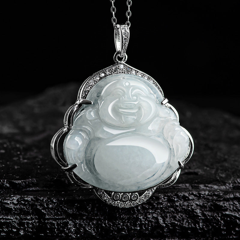 Buddha Stones Lachende Boeddha hanger van natuurlijke jade en titanium stalen Ketting - image 4