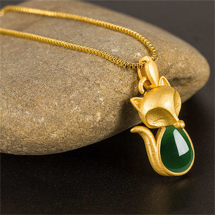 Buddha Stones Halskettinghanger met groene chalcedoon vossenpatroon en symbool voor moed - image 6