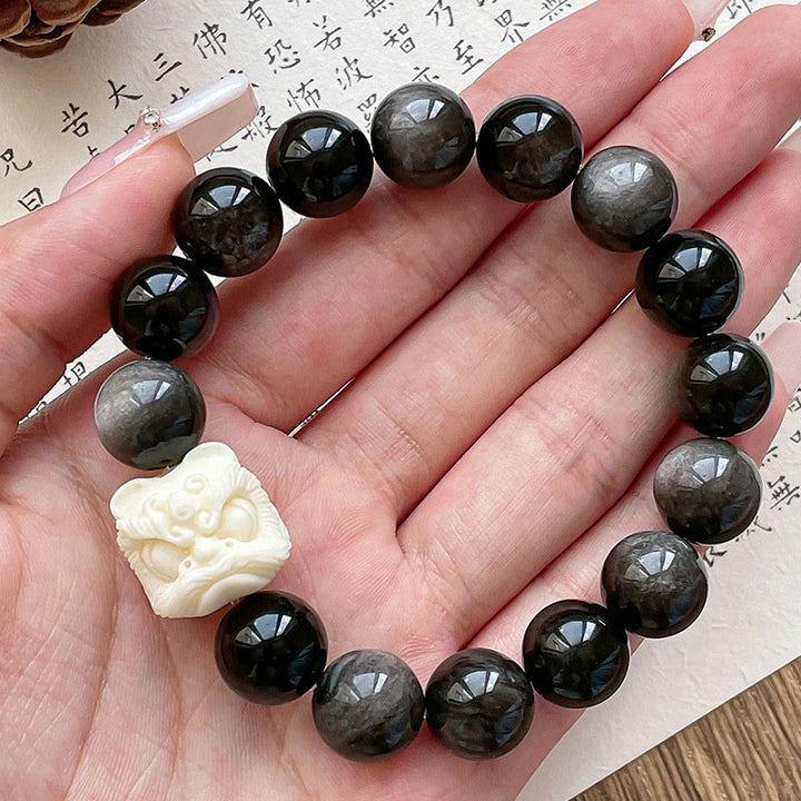 Buddha Stones Zilveren Obsidiaan Bodhizaad Ivoor Fruit Dansende Leeuw Armband - image 5