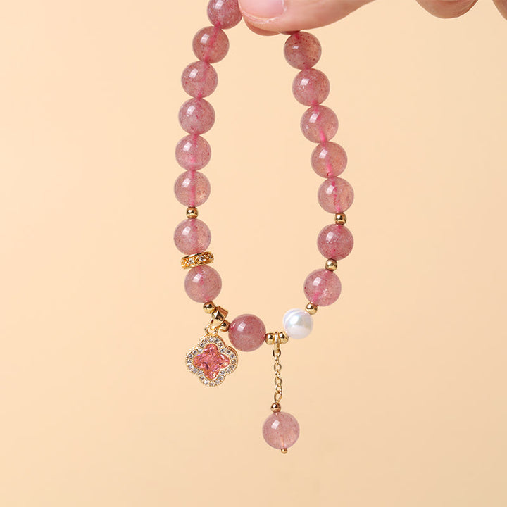 Buddha Stones Aardbeikwarts parel klavertje vier bedeltje helende Armband - image 6