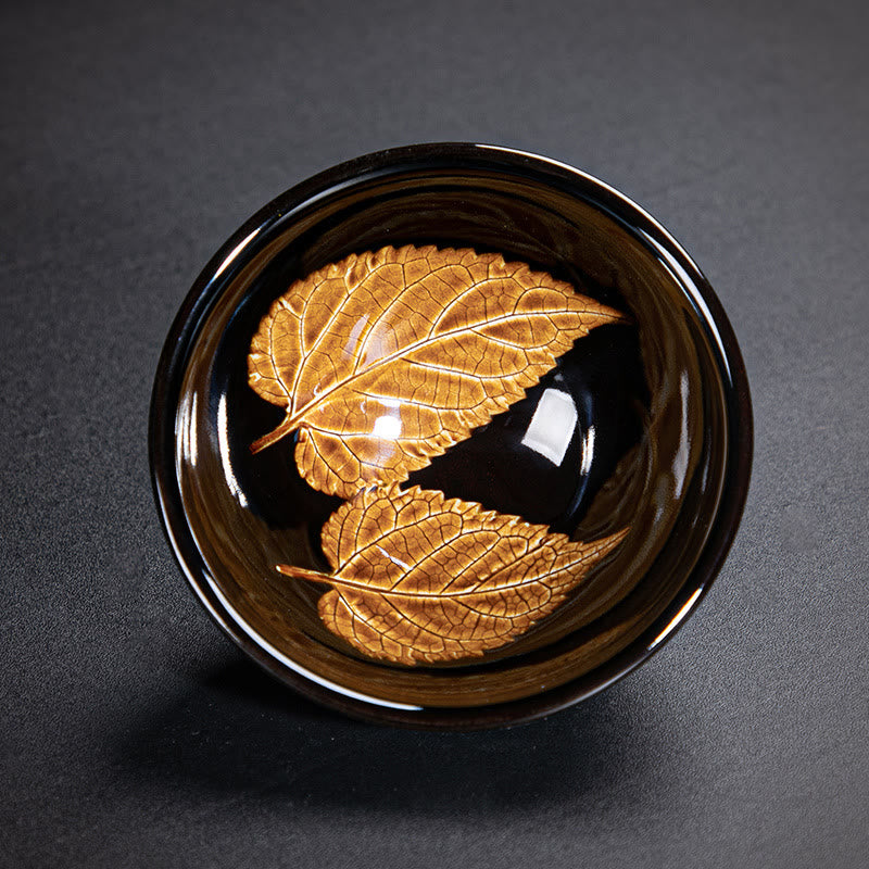 Buddha Stones Gouden esdoornblad Chinese Jianzhan keramische theekop Tenmoku Kung Fu Theekopje - Dubbel esdoornblad 9cm*4,5cm*120ml - image 0
