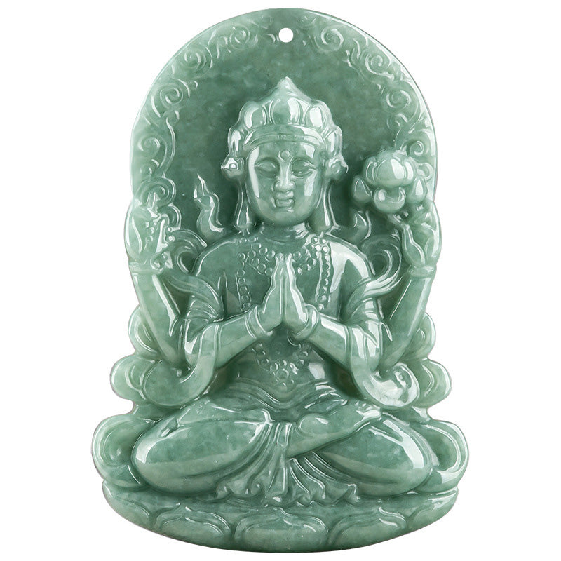 Buddha Stones Vierarmig Avalokitesvara amulet van natuurlijke jade met Ketting. - image 9