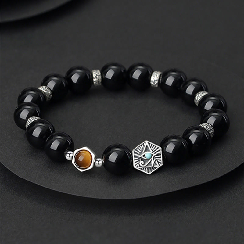 Buddha Stones 925 Sterling Zilveren Armband met Zwarte Obsidiaan, Tijgeroog en Oog van de Voorzienigheid - Zwarte obsidiaan en tijgeroog - image 0