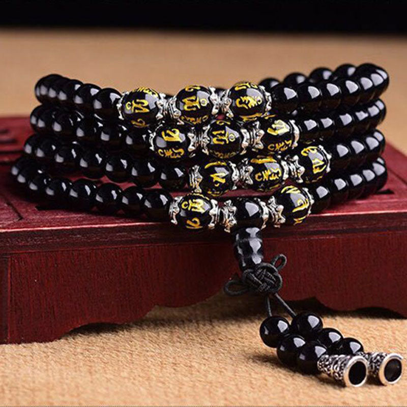 Buddha Stones Zwarte obsidiaan Mala Armband met de zes ware woorden ter bescherming - image 1