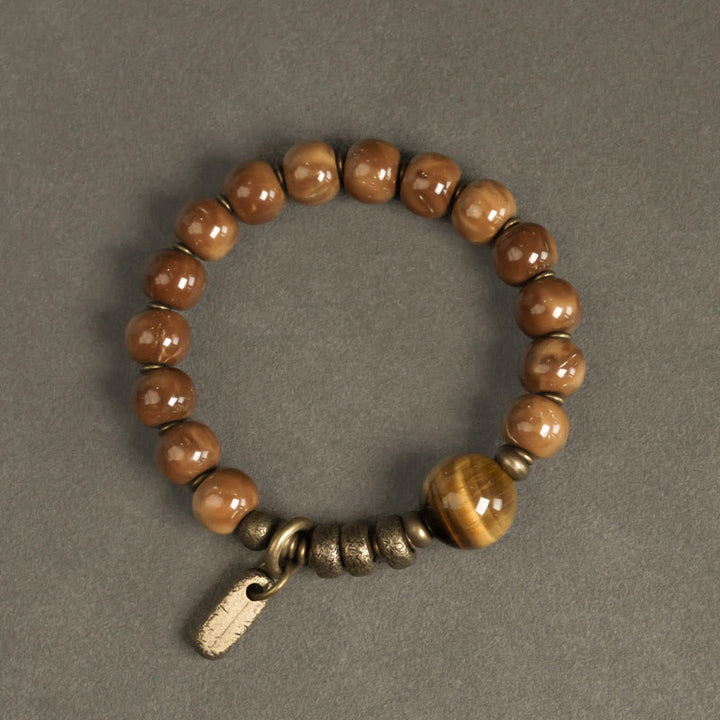Buddha Stones Kuka-zaad, tijgeroog, goudkleurige obsidiaan, messing, koperen Armband - image 1