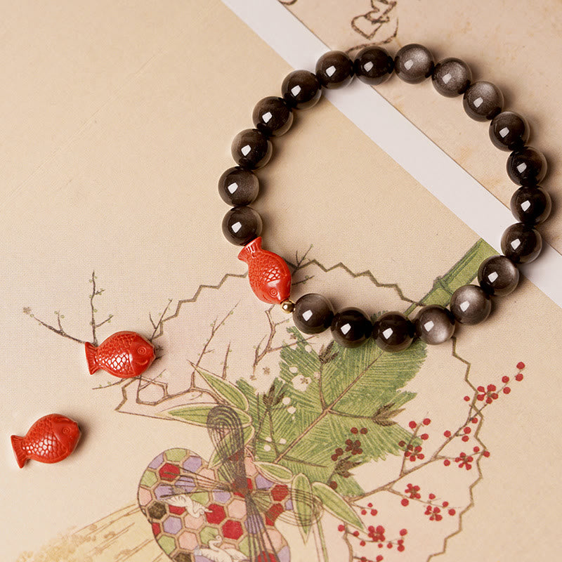 Buddha Stones Natuurlijke zilverglans obsidiaan cinnaber koi vis kalmerende Armband - image 2