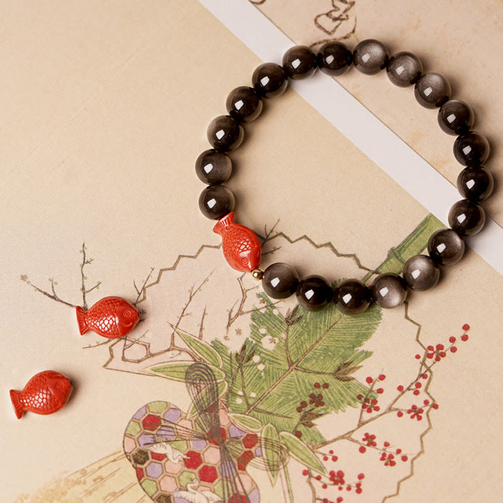 Buddha Stones Natuurlijke zilverglans obsidiaan cinnaber koi vis kalmerende Armband - image 2