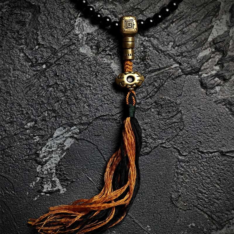 Buddha Stones Tibetaanse Mala met 108 kralen, zwarte onyx en tijgeroogkralen, Armband met negen paleizen (Bagua-symbool). - image 1
