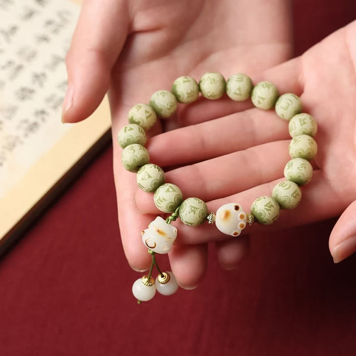 Buddha Stones Groene Bodhizaad Kattenpoot Om Mani Padme Hum Gegraveerde Armband - image 7