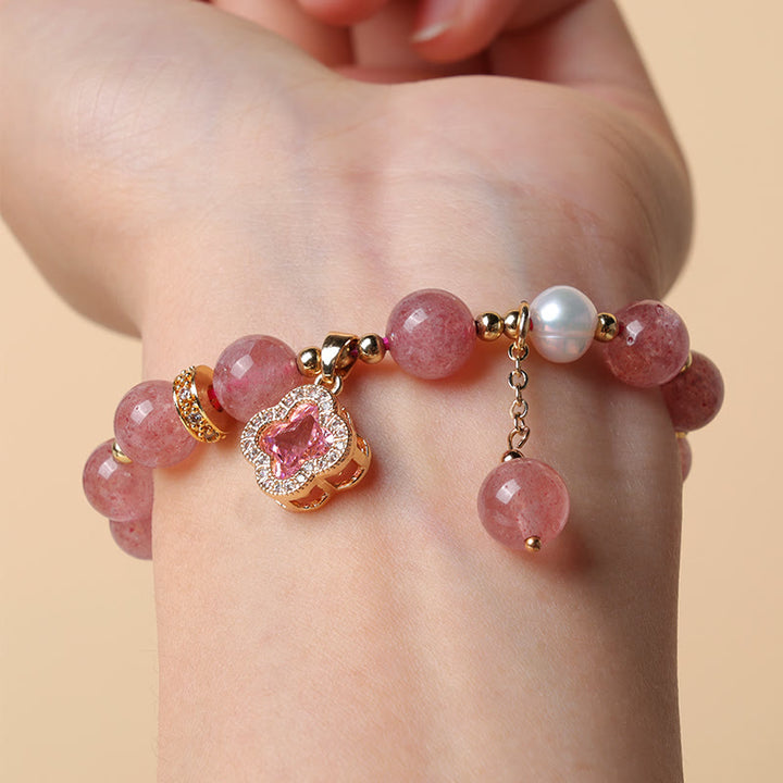 Buddha Stones Aardbeikwarts parel klavertje vier bedeltje helende Armband - image 5