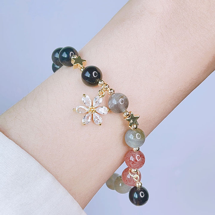 Buddha Stones Armband van obsidiaan met natuurlijke zilverglans, hart, ster en bloem. - image 13