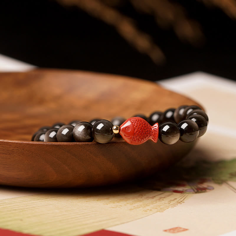 Buddha Stones Natuurlijke zilverglans obsidiaan cinnaber koi vis kalmerende Armband - image 3