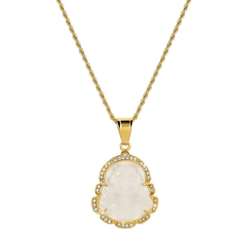 Buddha Stones Ketting met lachende Boeddha van jade, 18 karaats verguld - Wit - image 6