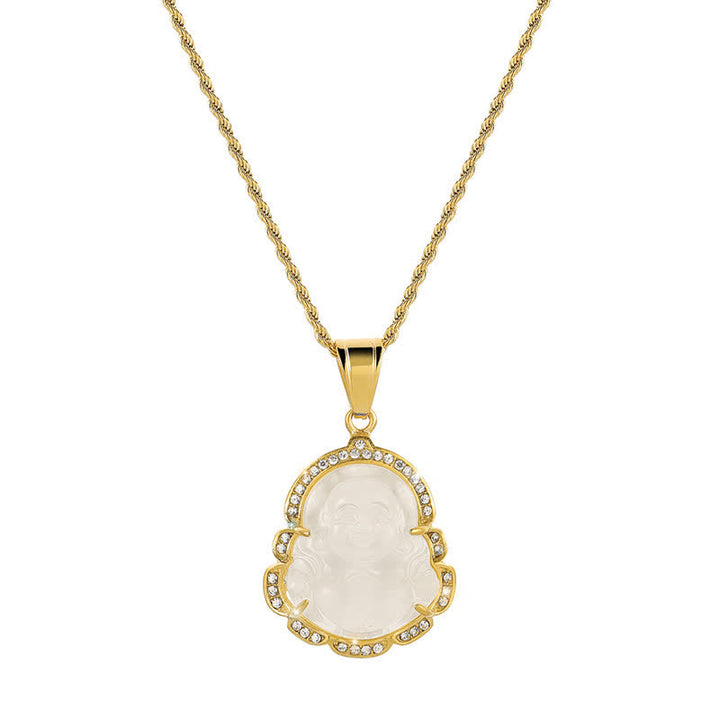 Buddha Stones Ketting met lachende Boeddha van jade, 18 karaats verguld - Wit - image 6