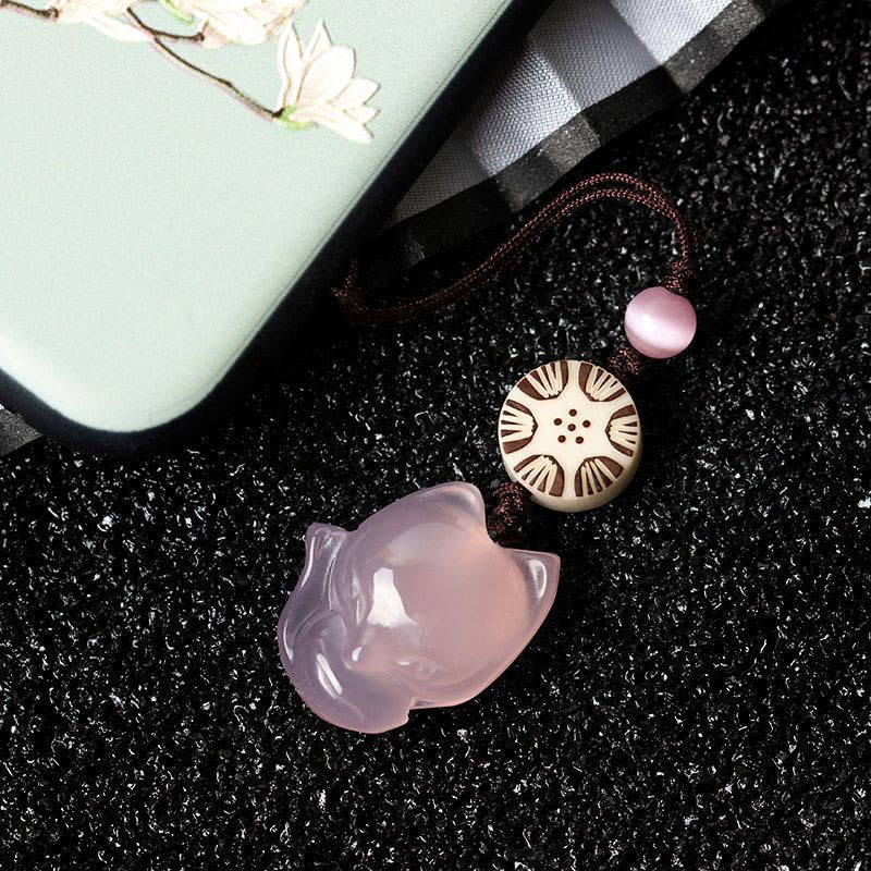 Natuurlijke chalcedoon Telefoonhanger decoratie met vossenmotief. - Roze Vos - image 1