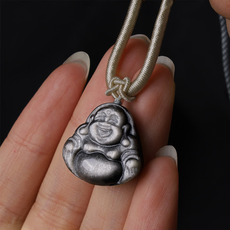 Buddha Stones Natuurlijke zilverkleurige obsidiaan lachende Boeddha Ketting - image 1