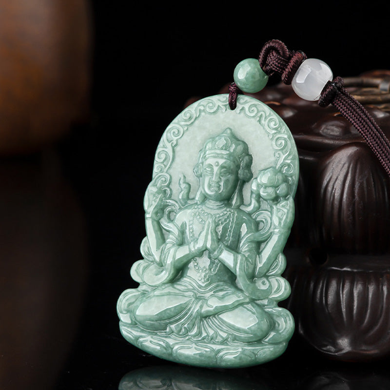 Buddha Stones Vierarmig Avalokitesvara amulet van natuurlijke jade met Ketting. - image 6