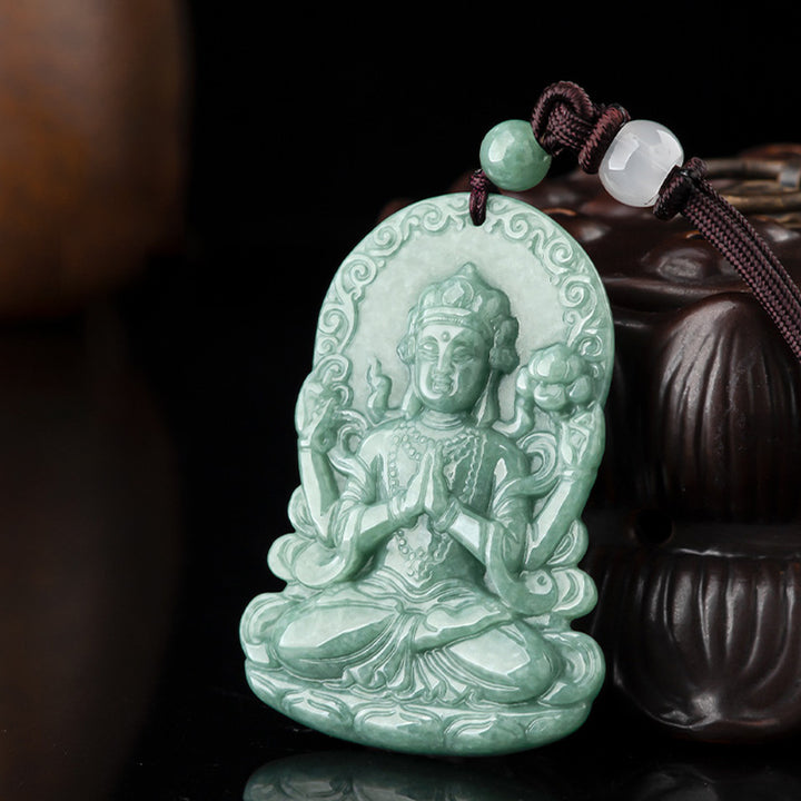Buddha Stones Vierarmig Avalokitesvara amulet van natuurlijke jade met Ketting. - image 6