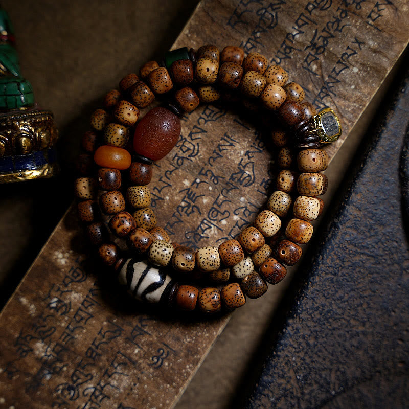 Buddha Stones Tibetaanse Bodhi-zaadkraal, barnsteen Dzi-kraal, agaat Zakiram-kralen, godin van de rijkdom, drievoudige Armband - image 1