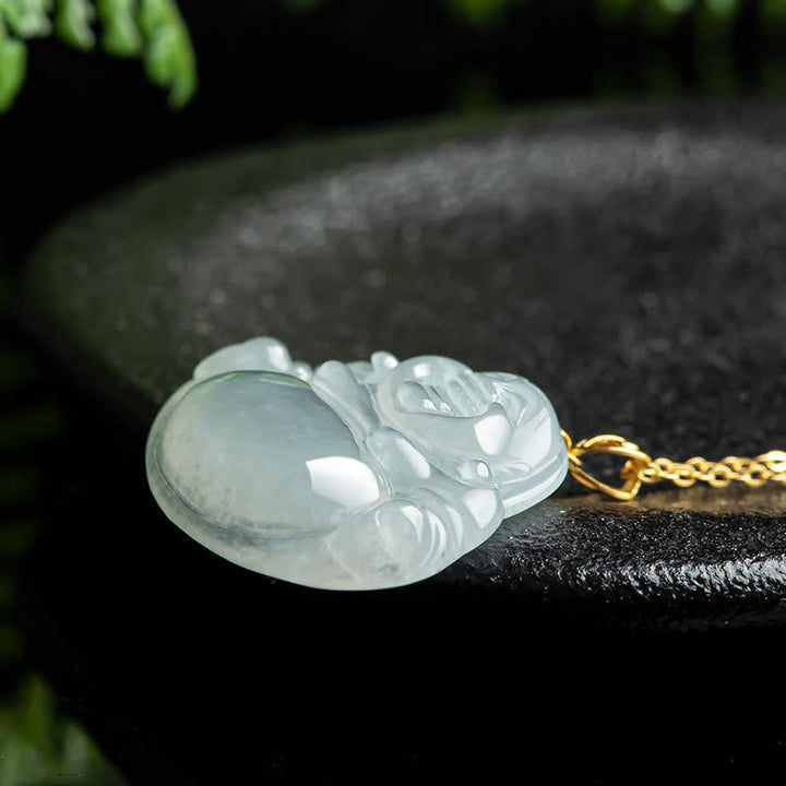 Buddha Stones Lachende Boeddha hanger van natuurlijke jade en titanium stalen Ketting - image 3