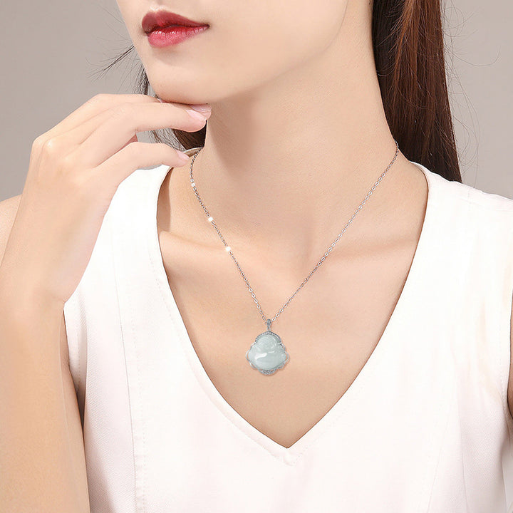 Buddha Stones Lachende Boeddha hanger van natuurlijke jade en titanium stalen Ketting - image 2