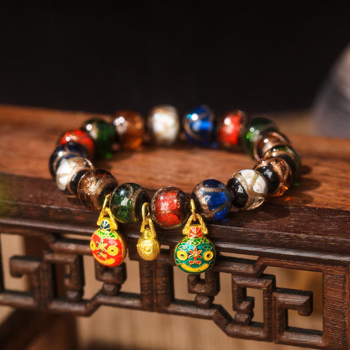 Buddha Stones Vijf Elementen Gouden Verslindend Beest Familie Charm Liuli Glazen Kraal Armband - Liuli glaskraal &amp; grote rood-groen-gouden verslindende beestenfamilie - 14mm(15 kralen) - image 4
