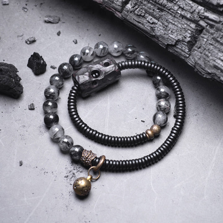 Buddha Stones Armband voor stellen met zwarte rutielkwarts, ebbenhout en koper, symbool van wijsheid. - image 4