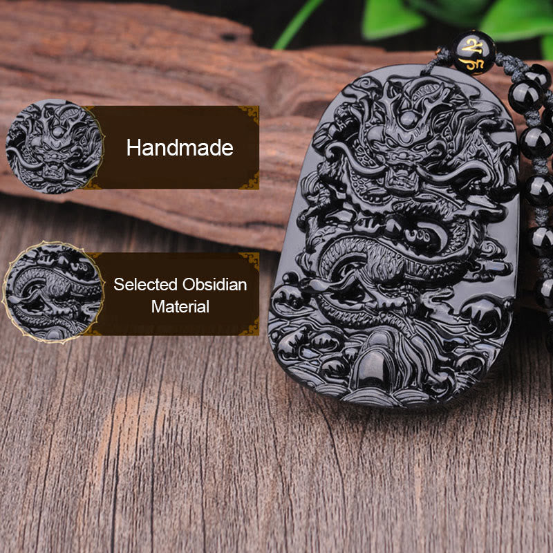 Buddha Stones Ketting met draak en symbool van vervulling van zwarte obsidiaansteen - image 7