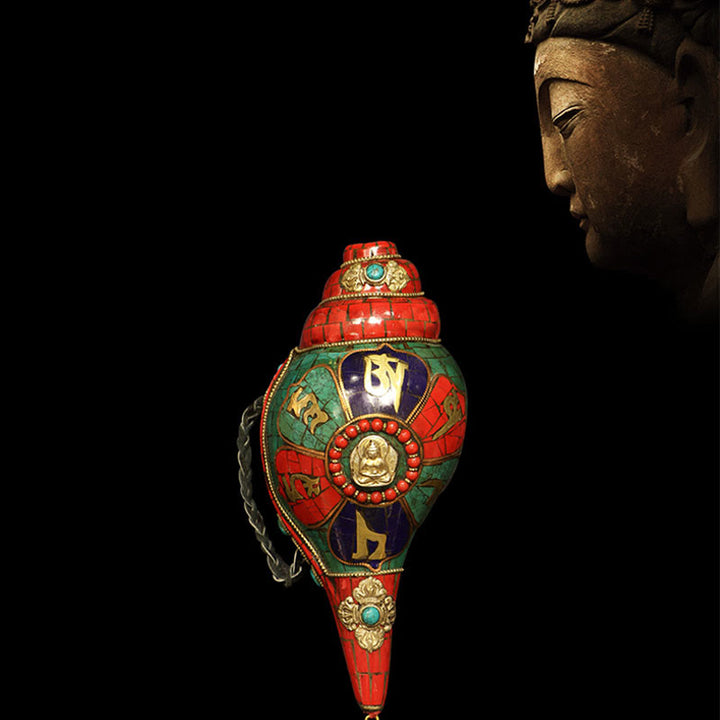 Tibetaanse handgemaakte Shankha Om Mani Padme Hum Boeddha Conch Shell Lucky Decoratie - 23 cm - image 0
