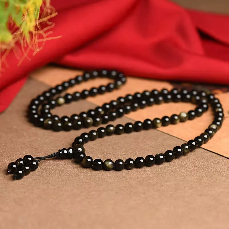 Buddha Stones 108 Mala kralen, natuurlijke goudglans obsidiaan, rijkdom Armband - image 3