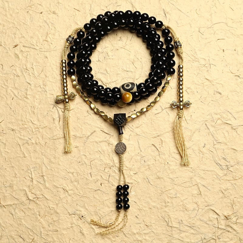 Buddha Stones Tibetaanse Mala met 108 kralen, zwarte onyx en drieoogige dzi-kralen, Armband - 8mm - Zwarte onyx en koper - image 0