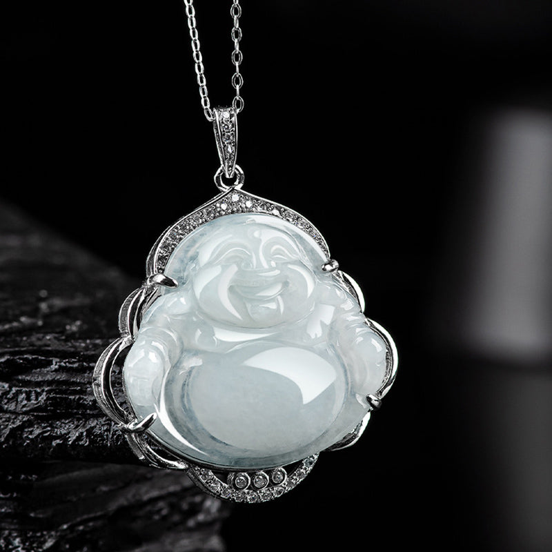 Buddha Stones Lachende Boeddha hanger van natuurlijke jade en titanium stalen Ketting - image 1