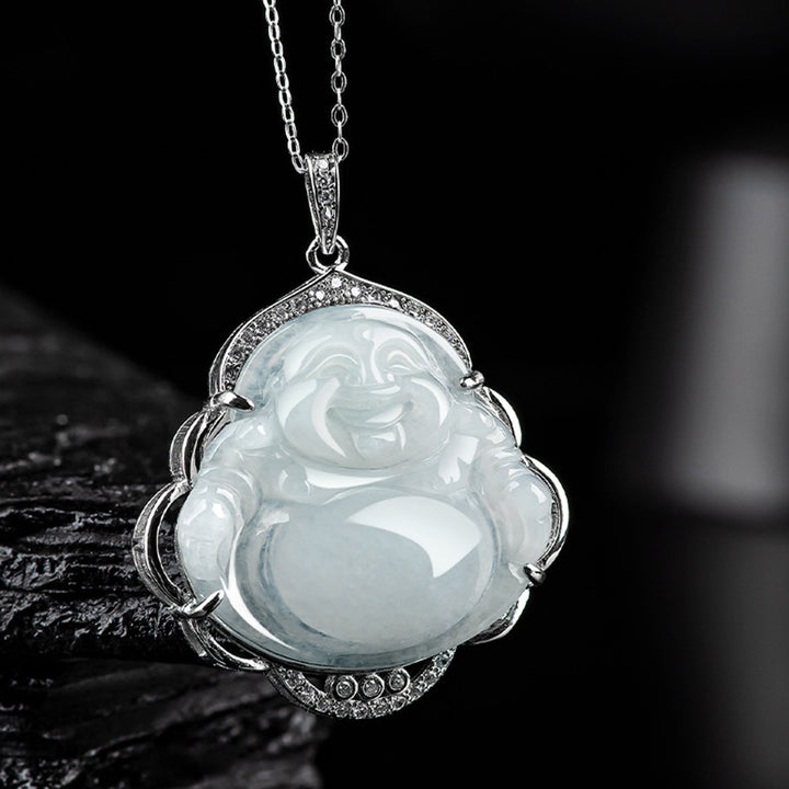 Buddha Stones Lachende Boeddha hanger van natuurlijke jade en titanium stalen Ketting - image 1