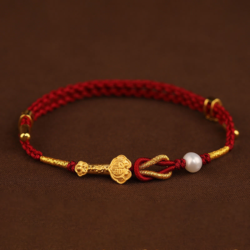 Buddha Stones 24K Gouden Armband met Ruyi-handvat en Fu-teken: Konijn, Parel, Geluk. - image 1
