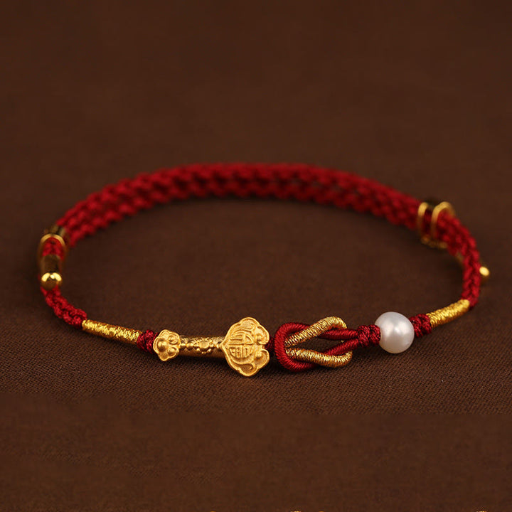 Buddha Stones 24K Gouden Armband met Ruyi-handvat en Fu-teken: Konijn, Parel, Geluk. - image 1