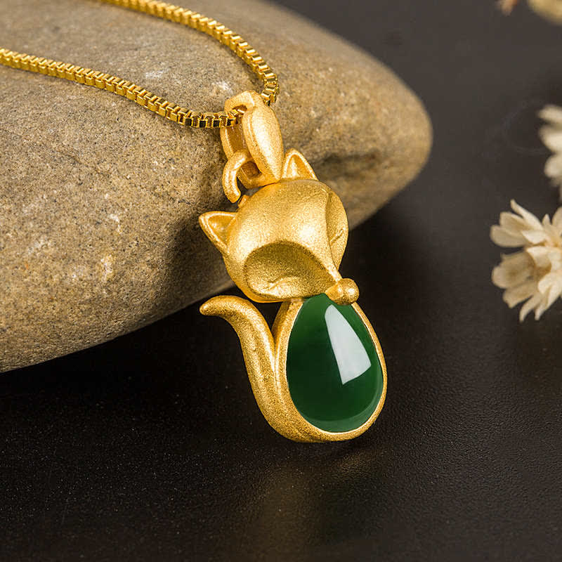Buddha Stones Halskettinghanger met groene chalcedoon vossenpatroon en symbool voor moed - image 0