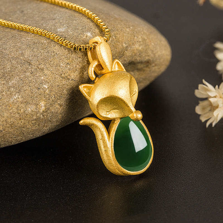 Buddha Stones Halskettinghanger met groene chalcedoon vossenpatroon en symbool voor moed - image 0