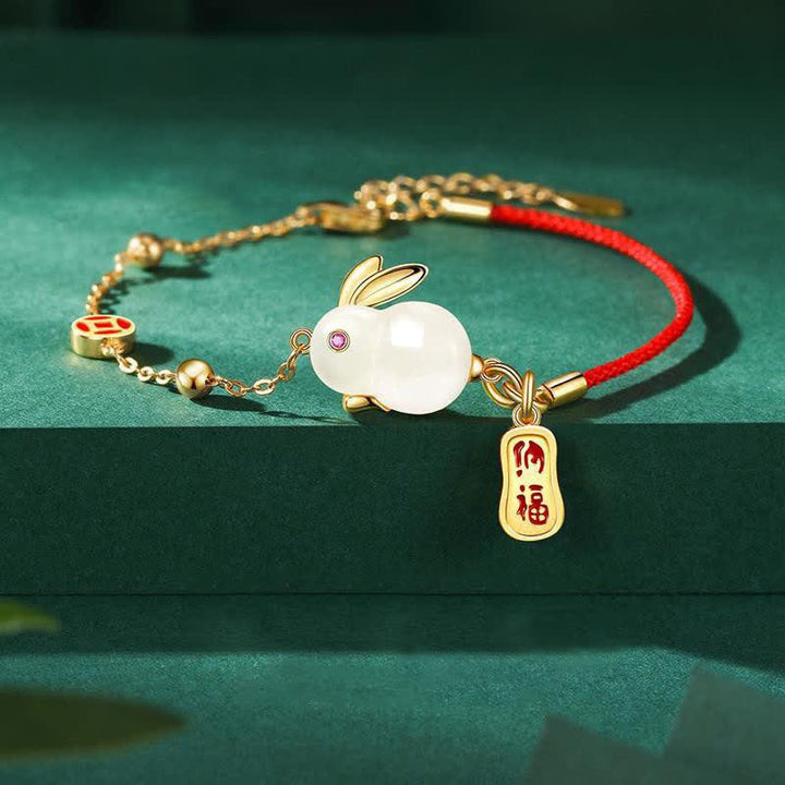 Buddha Stones Jaar van het Konijn Witte Jade Geluk Rode Koord Ketting Armband - image 0