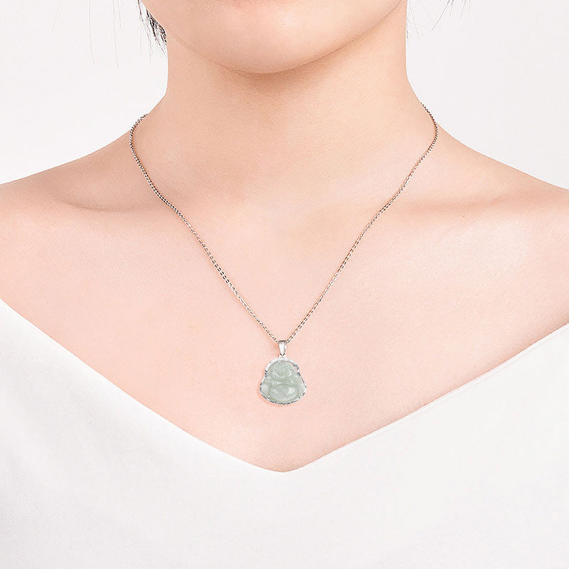 Buddha Stones Lachende Boeddha Jade Geluk Kalmte Titanium Stalen Ketting Hanger - image 2