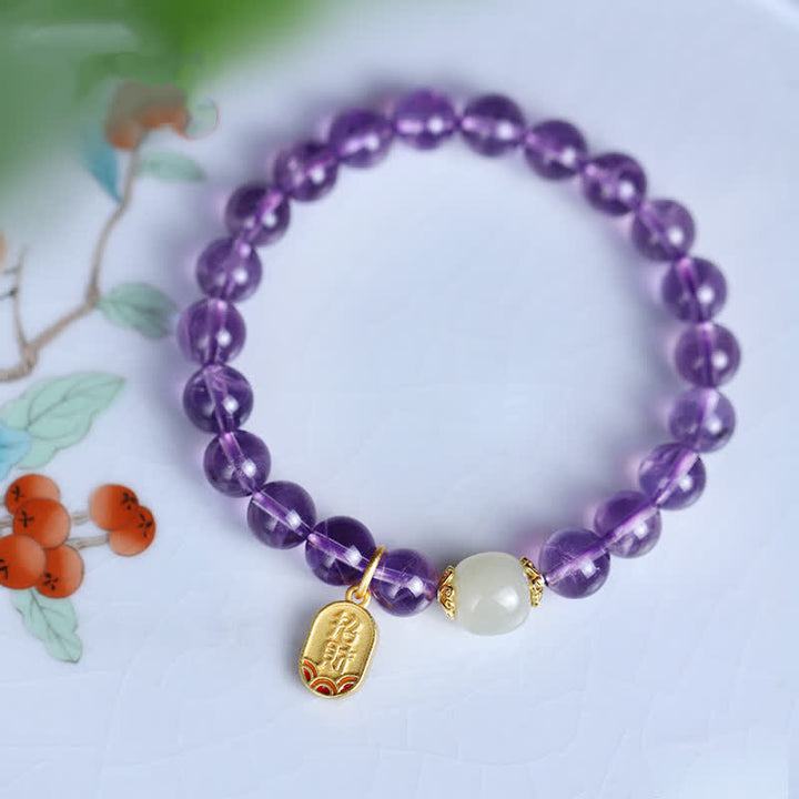 Buddha Stones Natuurlijke amethistkristal Hetian jade helende Armband - image 5
